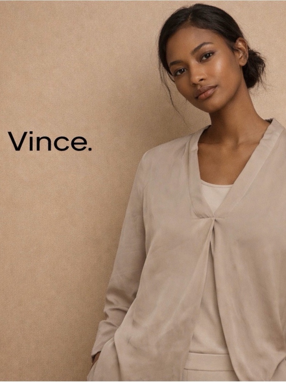 Vince Silk Taupe V Neck Blouse Minimalist Luxury Long Sleeve Top Size 2